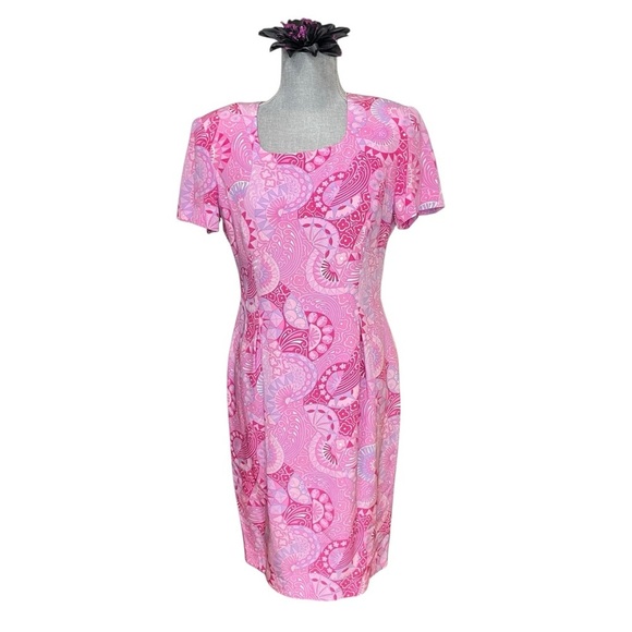 Maggie London VTG. Pink Silk Abstract Paisley Psychedelic Motif Print Dress Sz.6 - Picture 1 of 9